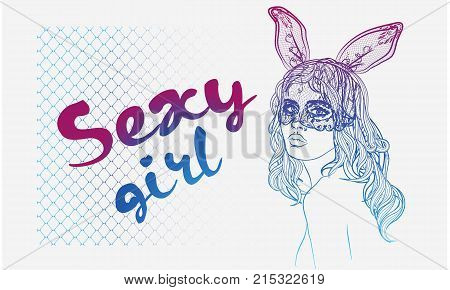 Portrait of a girl with a mask bunny. Art for print posters t-shirts and textiles. Vector.
