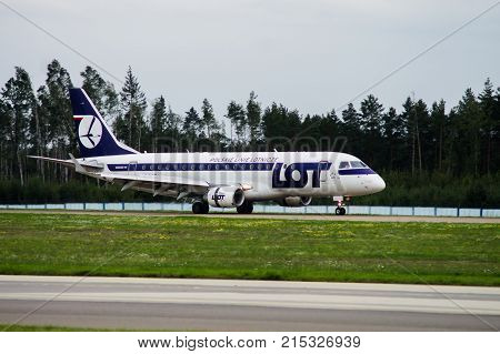 Minsk Minsk National Airport Belarus - September 06 2017: Emraer175 SP-LIK LOT LOT Polish Airlines