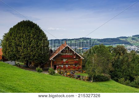 Mountains, valley and peaks landscape panorama, natural environment. Hiking in the alps. Sankt Gallen, Switzerland, Europe