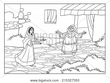 The Virgin Mary meets Elisabeth, the mother of John the Baptist.