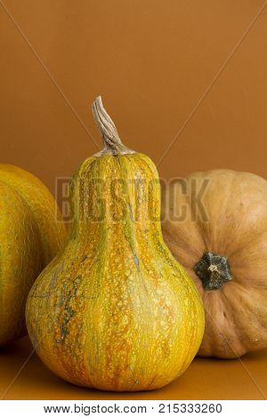 Pumpkin on an orange background and a background of two pumpkins