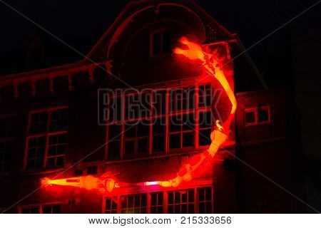 Amsterdam Netherlands - January 14 2017: Illuminated rotifers on a wall by night at Amsterdam Light Festival