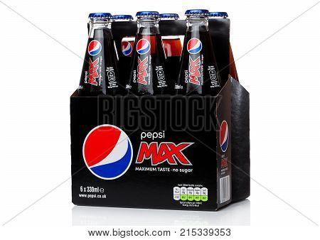 London, Uk - June 9, 2017: Pack Of Six With Glass Bottles Of Pepsi Cola Soft Drink On White.american