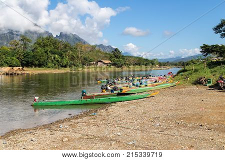 Long Boat In Song River At Vang Vieng