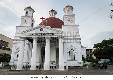 Semarang, Indonesia - October 2017: Lawang Sewu building architecture. Lawang Sewu is a landmark in the city of Semarang and built as the headquarters of the Dutch East Indies Railway Company