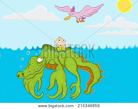 Baby on the back of a creature in the ocean