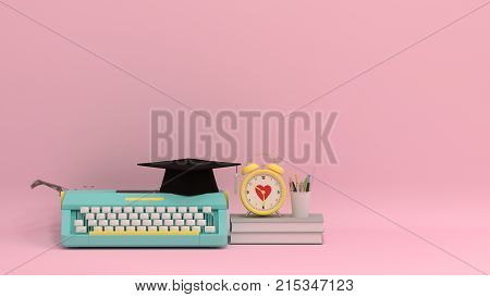 Graduation hat with fruit apple typewriter book on the table colorful education in front of pink wall lovely picture for copy space minimal fruit and object concept pastel colorful lovely picture art