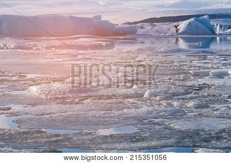 Winter frozen lagoon Iceland natural landscape background