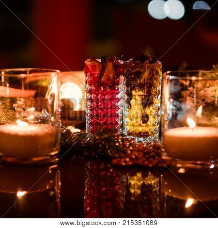 Magic new year background. Festive celebration party decor. Warm and cozy atmosphere. Bad habits alcohol concept