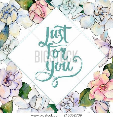 Wildflower gardenia  flower frame in a watercolor style. Full name of the plant: gardenia . Aquarelle wild flower for background, texture, wrapper pattern, frame or border.