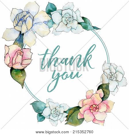Wildflower gardenia flower wreath in a watercolor style. Full name of the plant: gardenia . Aquarelle wild flower for background, texture, wrapper pattern, frame or border.