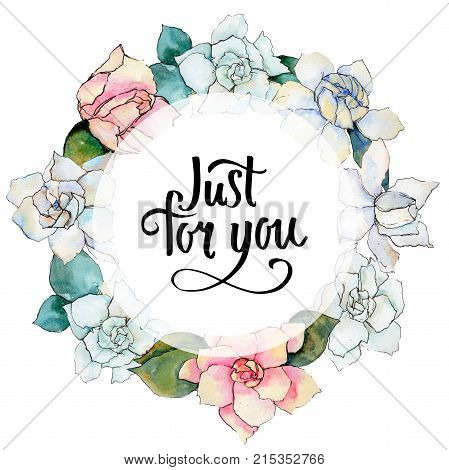 Wildflower gardenia flower wreath in a watercolor style. Full name of the plant: gardenia . Aquarelle wild flower for background, texture, wrapper pattern, frame or border.
