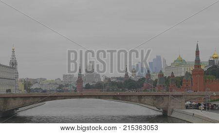 Sunny summer day moscow river bay kremlin panorama.