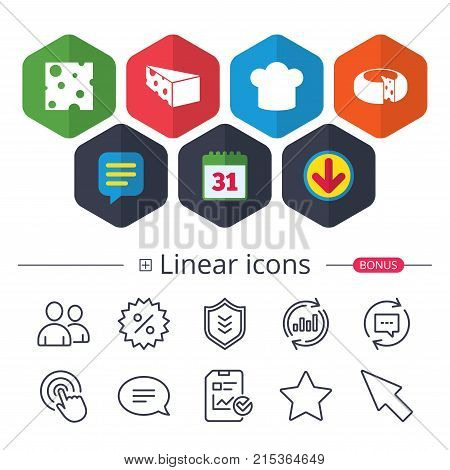 Calendar, Speech bubble and Download signs. Cheese icons. Round cheese wheel sign. Sliced food with chief hat symbols. Chat, Report graph line icons. More linear signs. Editable stroke. Vector