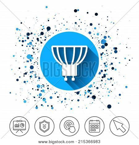 Button on circles background. Light bulb icon. Lamp GU10 socket symbol. Led or halogen light sign. Calendar line icon. And more line signs. Random circles. Editable stroke. Vector
