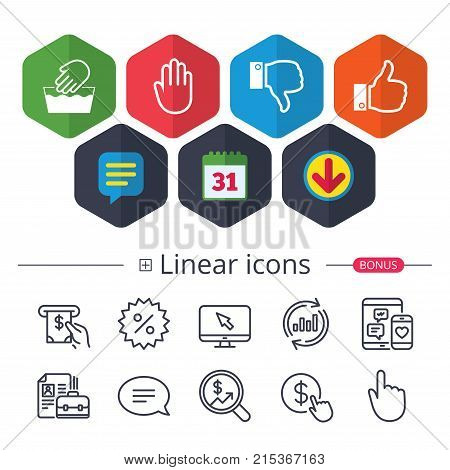 Calendar, Speech bubble and Download signs. Hand icons. Like and dislike thumb up symbols. Not machine washable sign. Stop no entry. Chat, Report graph line icons. More linear signs. Editable stroke
