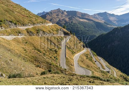 Mountains peaks and trees landscape natural environment. Timmelsjoch High Alpine Road. Passo del Rombo the highest pass of the Eastern Alps. Ötztal valley Tyrol Austria Europe