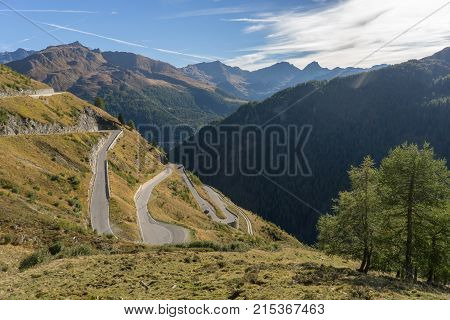 Mountains peaks and trees landscape natural environment. Timmelsjoch High Alpine Road. Passo del Rombo the highest pass of the Eastern Alps. Ötztal valley Tyrol Austria Europe