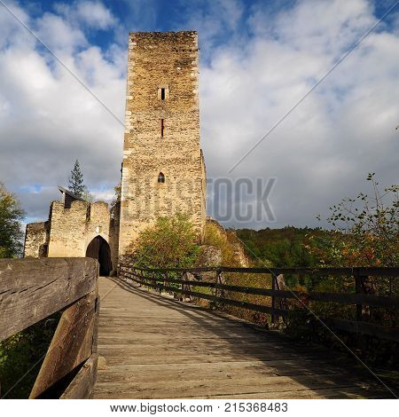 Beautiful Burgruine Kaja in colorful autumn nature gold leaf Austria