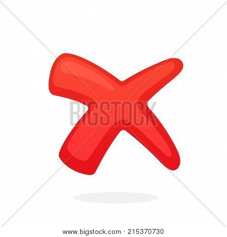 Vector illustration in flat style. Red cross check mark for indicate wrong choice. Symbol of incorrect or wrong choice. Vote and not accept button. Isolated on white background