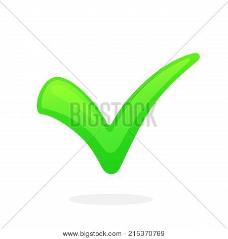 Vector illustration in flat style. Green check mark for indicate right choice. Vote and accept button. Yes sign. Isolated on white background