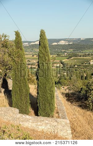 Panoramic view of cultivated fields vineyards and mountains in Provence France