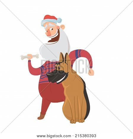 Happy laughing Santa Claus and a dog. Characters for new year's cards for year of the dog according to the Eastern calendar. Vector Illustration, isolated on white background.