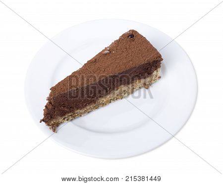 Chocolate cheesecake with cacoa powder. Isolated on a white background.