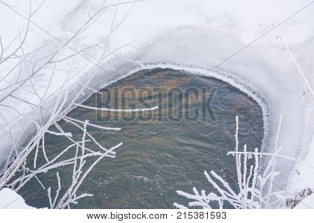 Winter Stream. Small Taiga River In The Winter.