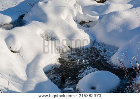 Winter Stream. Small Taiga River In The Winter.
