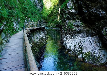 Wooden path alongside the Vintgar Gorge Slovenia