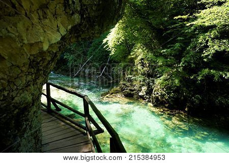 Turquoise Radovna river with wooden path trees and rock in Slovenia