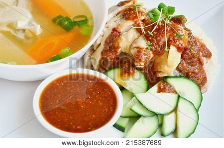 Hainanese chicken rice or steamed chicken and white rice