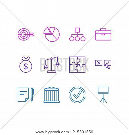 Vector Illustration Of 12 Trade Outline Icons. Editable Set Of Recision, Goal, Building And Other Elements.