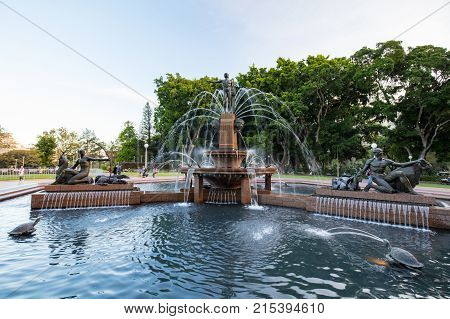 Archibald Fountain in Sydney Hyde Park towards the end of a warm sunny day in Sydney, New South Wales, Australia