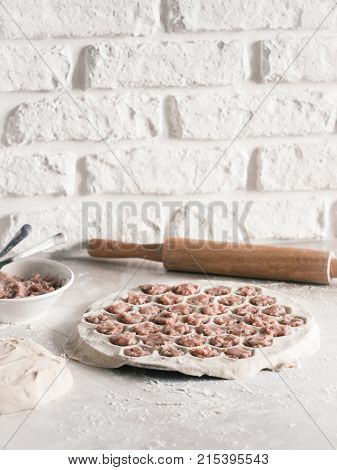Process of making russian pelmeni, ravioli or dumplings with meat on white table. Homemade uncooked pelmeni and ingredients. Copy space