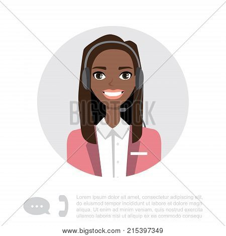 Female customer service representative with headset. Vector image of a young black african american woman character.