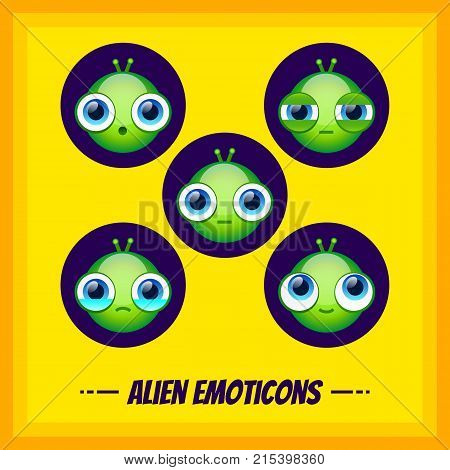 Funny and cute alien emoticons. Cartoon illustration