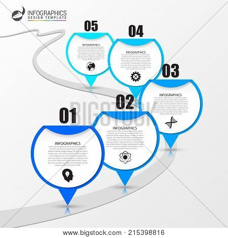 Infographic design template with a road and five marked spots. Vector illustration
