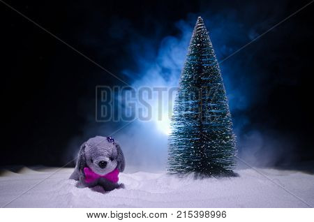 Toy Dog - A Symbol Of The New Year Under The Snow Against The Background Of Fir Branches. Toy's Dog 