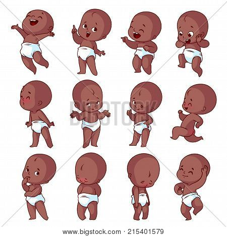 Big set with different emotiona of african american baby. Kids emoji. Vector cartoon illustration on a white background.