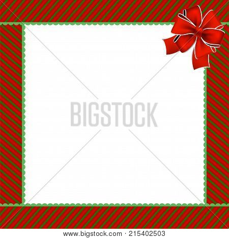Cute Christmas Or New Year Frame With Green And Red Diagonal Stripes And Red Festive Ribbon