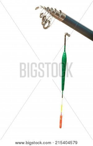 Spinning sport equipment concept. Person holding fishing rod with float and waggler with line.