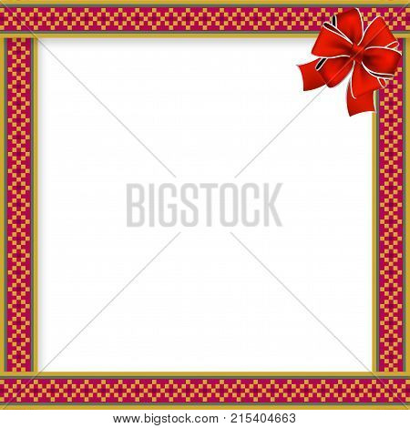 Cute Christmas Or New Year Frame With Rhombus Pattern, Red Bow