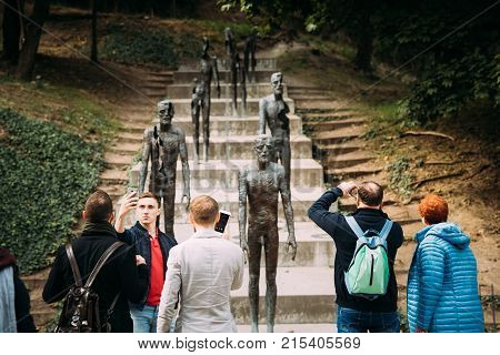 Prague, Czech Republic - September 22, 2017: People Taking Photo Near Memorial To Victims Of Communism Commemorating The Victims Of Communist Era Between 1948 And 1989.