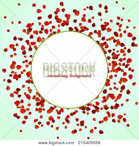 Strawberry season postcard with copy space. Fresh juicy fruits. Text frame. Vegetarian flyer. Healthy lifestyle poster. Tiny berry scatter.