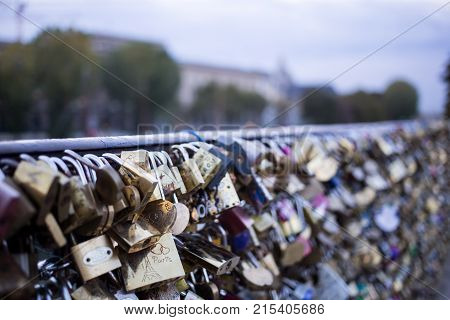 Love lock on a bridge in Paris, France Eternity connection Love symbol
