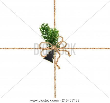 Crossover burlap strings for Christmas decorations, cards, packaging, background. Decoration or bouquet of composition of Christmas tree branches and Christmas decorations on top. Realistic vector