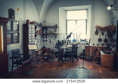 Grodno, Belarus - April 5, 2017: Apothecary Table, Cabinet, Shelfs Of Drugs And Vintage Equipment In