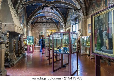 Florence Italy - April 09 2017: Interior of Bargello also known as the Palazzo del Bargello Museo Nazionale del Bargello or Palazzo del Popolo now an art museum